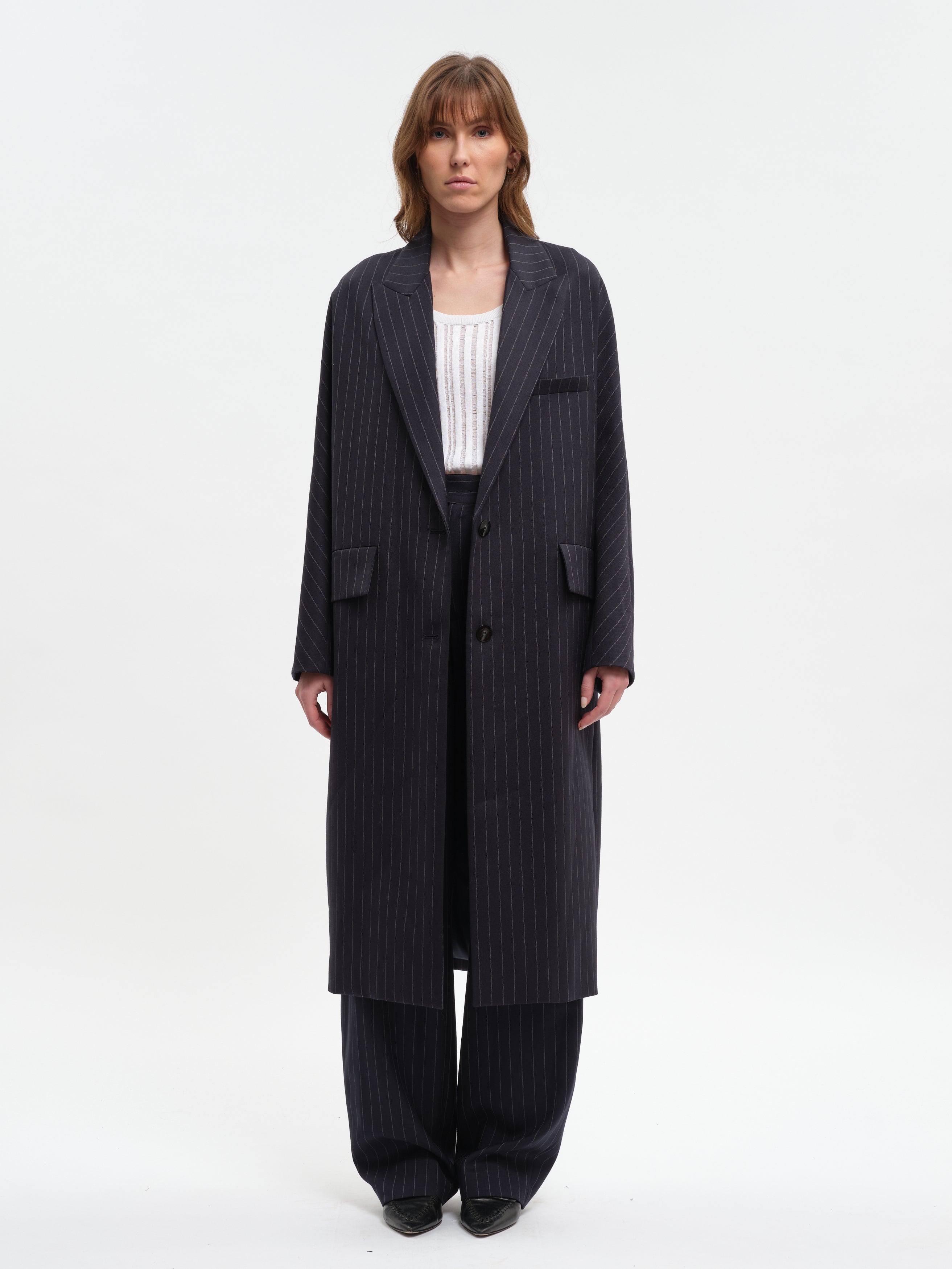 Margaux Lonnberg - Long oversized navy blue striped virgin wool